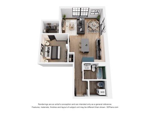 A 3D floor plan of a small apartment with a kitchen, living room, and bathroom.